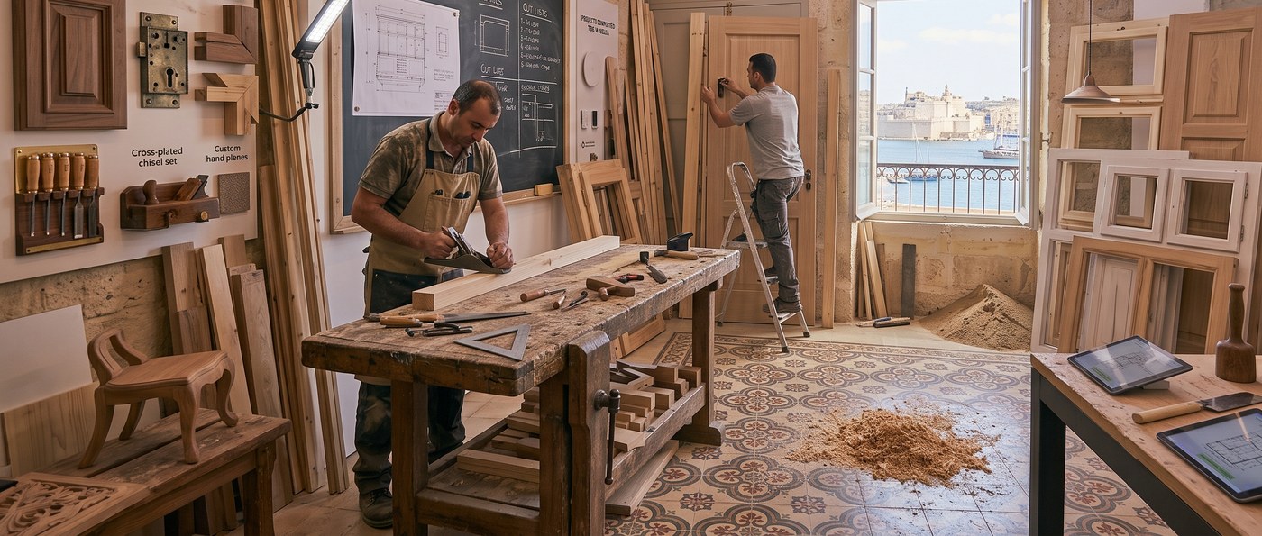 A joiner hand-planing a rail at a workbench in a Maltese workshop, with finished door and window frames stacked behind