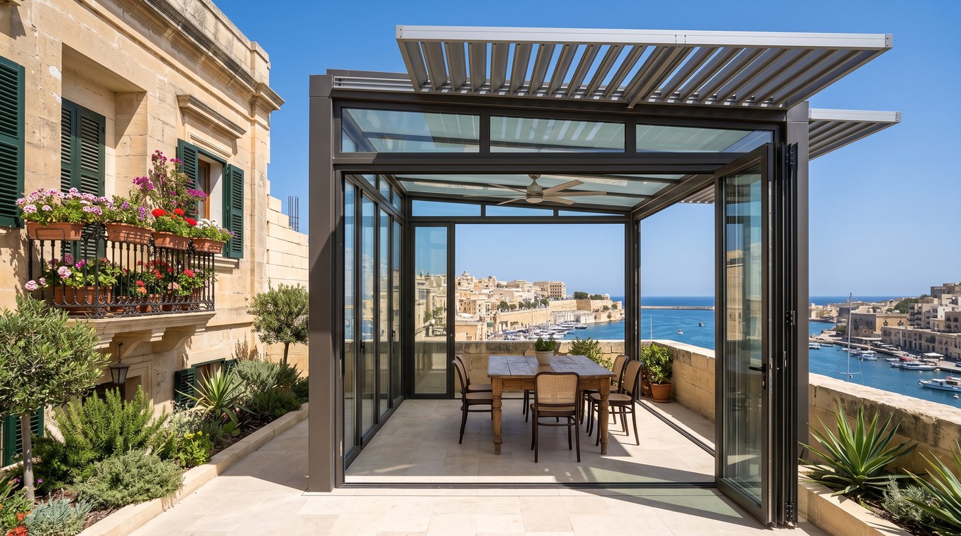 A glazed garden room on a Maltese terrace with slim aluminium framing, external louvred shading over the roof and a ceiling fan, doors folded open onto a limestone terrace above the harbour