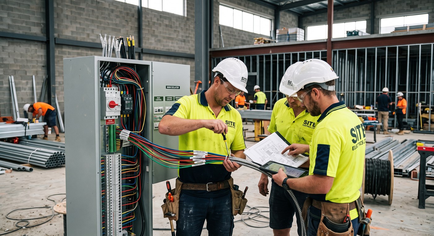 Electricians terminating a distribution board on a site fit-out, checking the schedule against a drawing