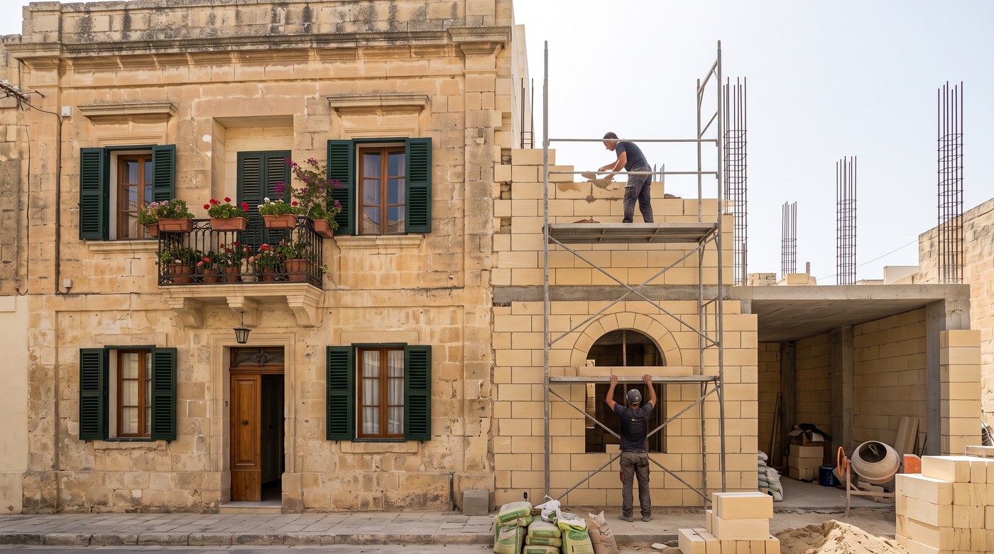 A new limestone extension rising beside a lived-in Maltese townhouse, the join between weathered old stone and fresh blockwork clearly visible, with reinforcement bars ready for the next lift