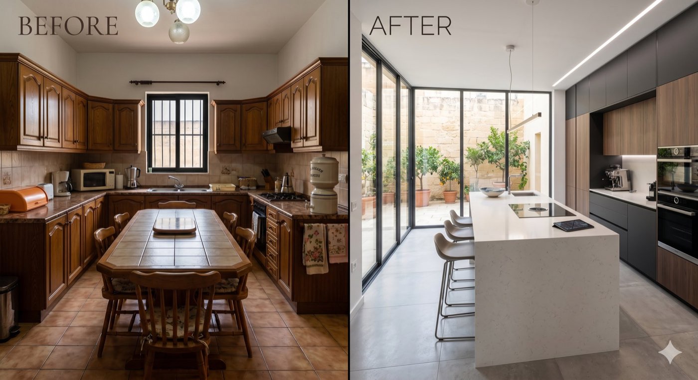 Before and after of a Maltese kitchen renovation, from dated timber units to a modern island kitchen