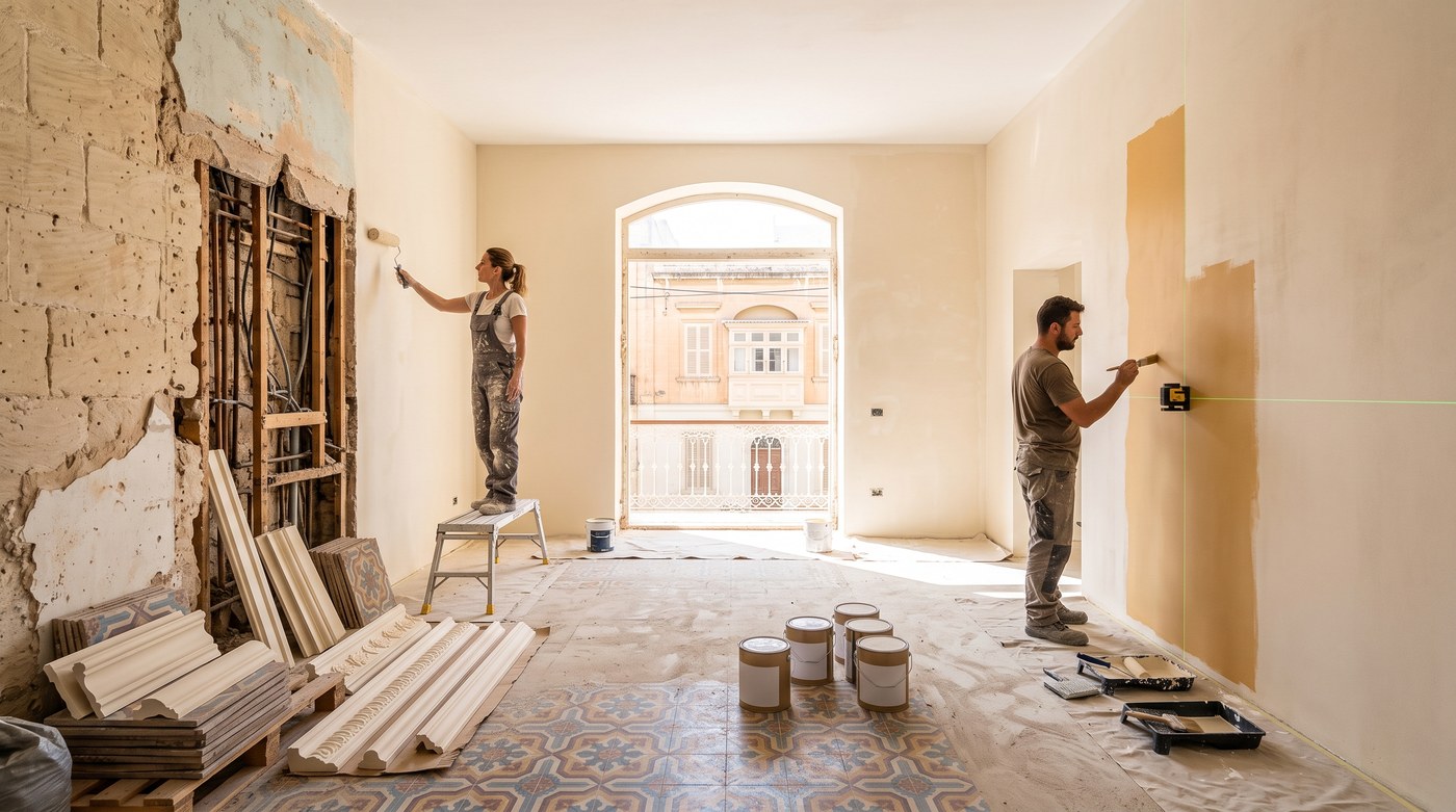 Decorators cutting in and rolling fresh emulsion in a Maltese room part-way through renovation, cornice mouldings stacked ready to fit